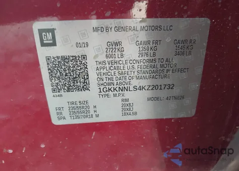 2019 GMC Acadia Slt-2 from USA, damaged, VIN 1GKKNNLS4KZ201732